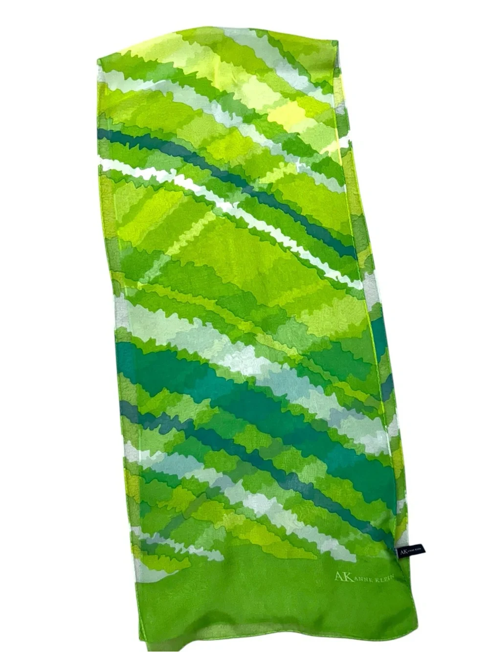 Anne Klein Green Multi-Tone Patterned Scarf Silk Sheer Skinny Scarf